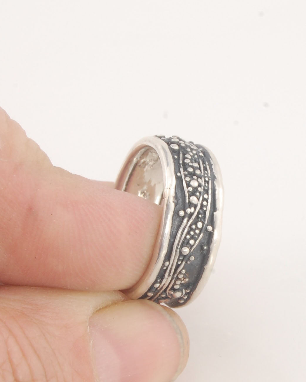 Waves Fine Silver Granulation Ring - 11mm or 8mm wide - PBS RING