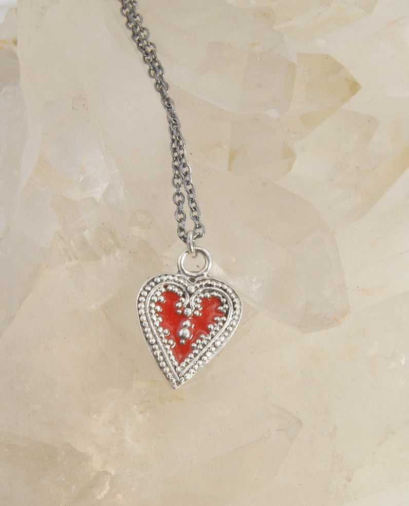 Victorian Heart Cast Granulation Sterling Silver Pendant - Oxidized or Enameled