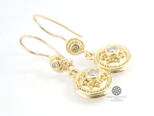 18k gold Double Diamond Dome Dangle Earrings - 18k Gold Granulation with french wire clasps These Double Diamond Dome Dangle Earrings are Classically-inspired 18k granulation. With 4 ethically-mined diamonds, 2 x .12ct , 3.2mm, Sl1, G, full-cut, round dia