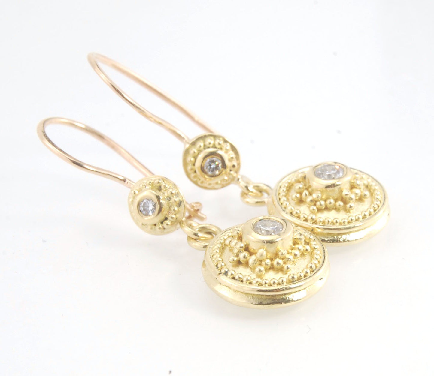 18k gold Double Diamond Dome Dangle Earrings - 18k Gold Granulation with french wire clasps These Double Diamond Dome Dangle Earrings are Classically-inspired 18k granulation. With 4 ethically-mined diamonds, 2 x .12ct , 3.2mm, Sl1, G, full-cut, round dia