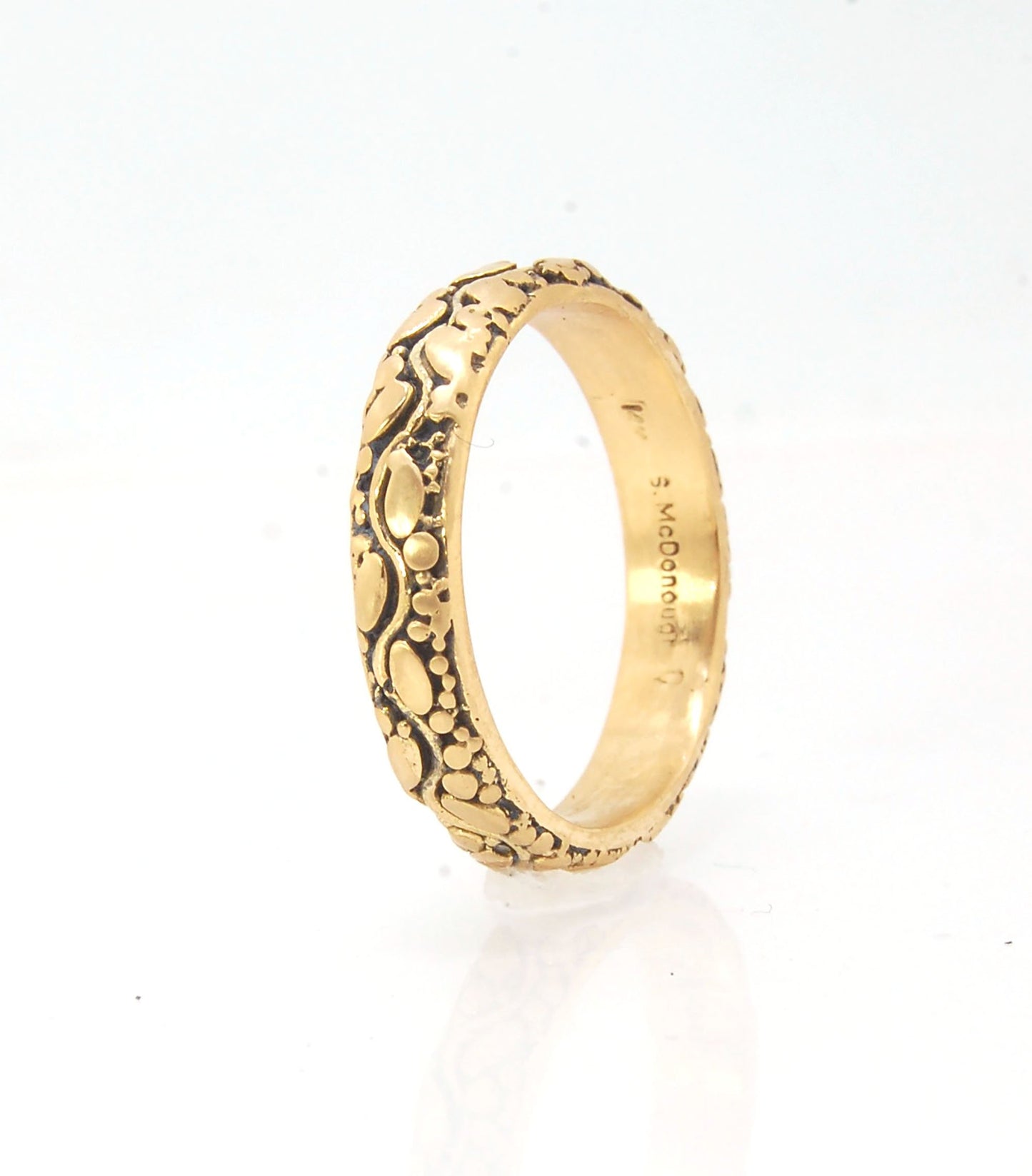 Oval Dot Pattern Band - 4.7mm - Order in any size -14k, 18k, Fine Silver or Sterling This is a 4.7 mm wide patterned band with ovals and heavy granules around a wavy center line.This is a cast version of a fun wavy patterned band with ovals and larger gra