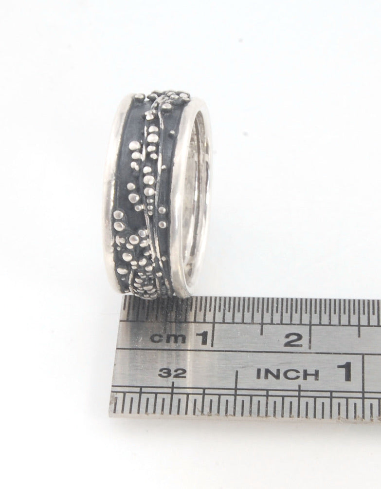 Waves Fine Silver Granulation Ring - 11mm or 8mm wide - PBS RING