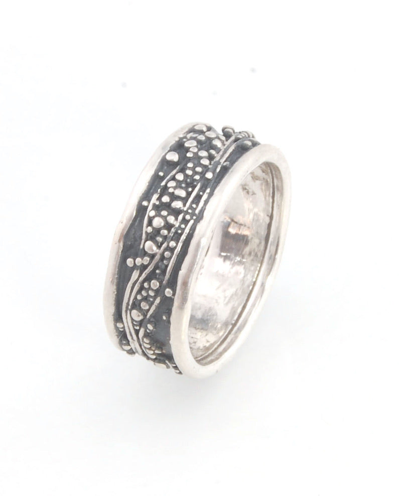 Waves Fine Silver Granulation Ring - 11mm or 8mm wide - PBS RING