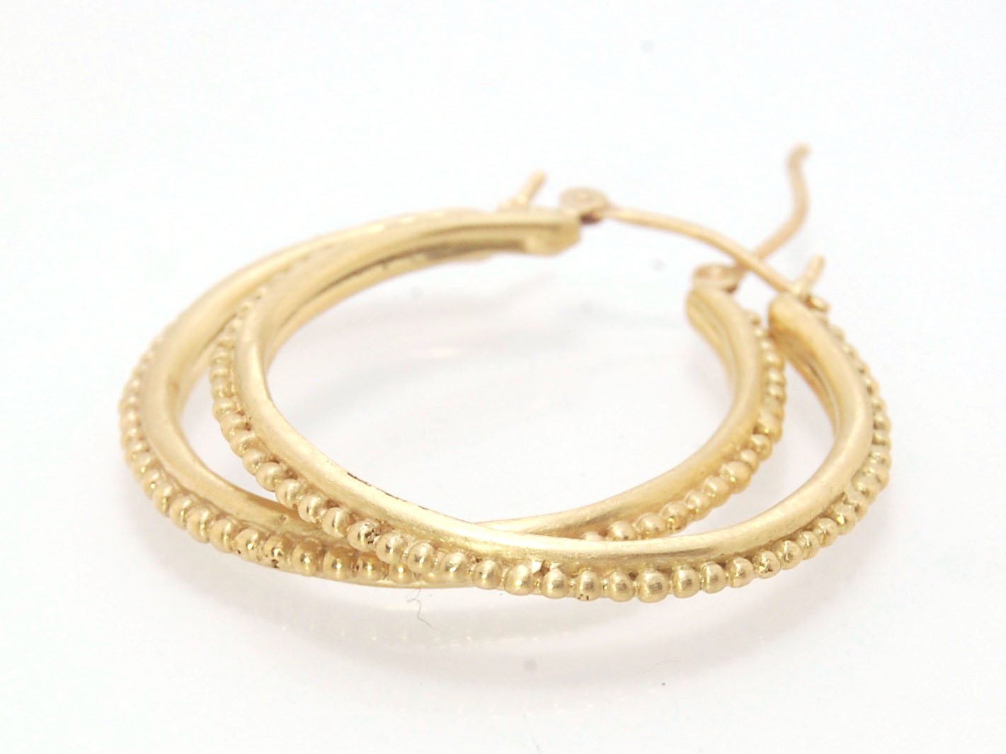 Etruscan hoops in 14k Gold - Large-SQ6408116 These 14k yellow gold hoops are cast in my studio (actually on the deck as casting needs good ventilation) from a granulated master for a limited edition series of hoops. I use fine silver for the original gran