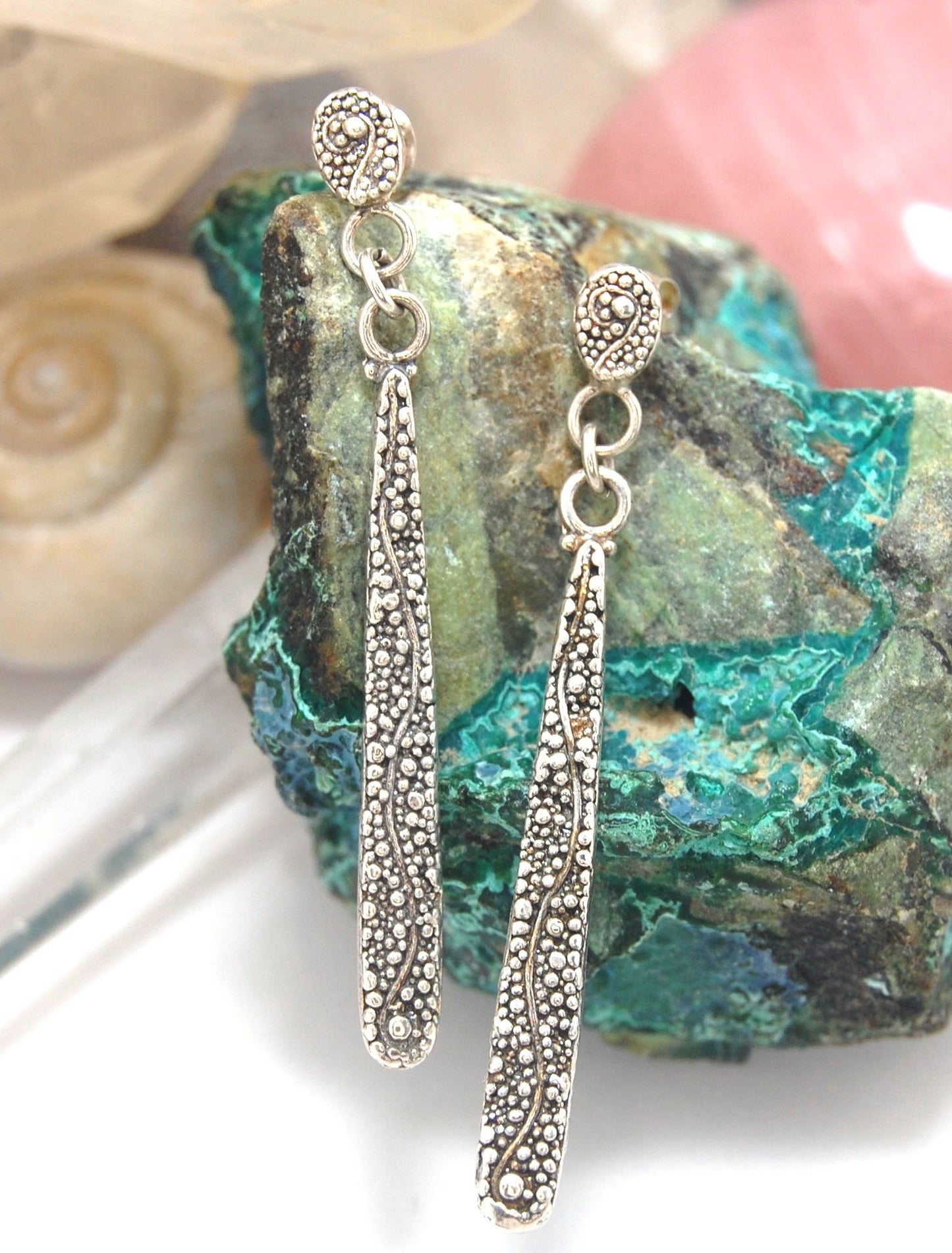 Seaweed Long Dangle Post Earrings These seaweed Post dangle earrings are cast versions of my original granulation work. Once the original work is made using the ancient technique of granulation, it is then molded for repeat waxes and then cast using the L