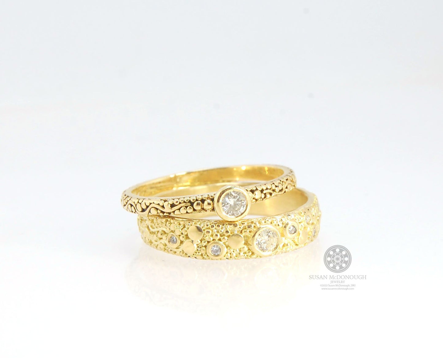 Balance and Flow Band 18k Granulation with 9 Diamonds - Made to Order This is a one-of-a-kind 18k gold and Diamond band made special just for you! The pattern is a balance of twining lines and granules and slices of cylinder ingots to make settings for ni