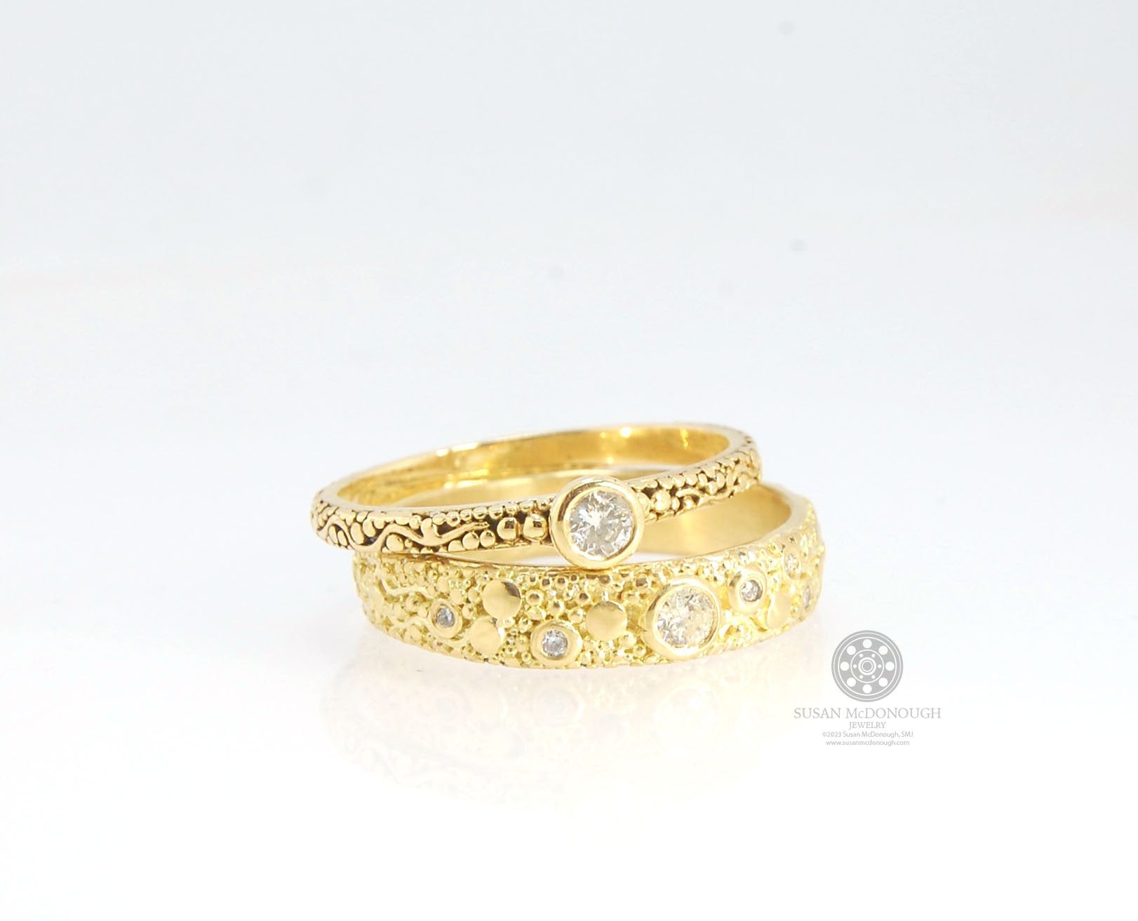 Balance and Flow Band 18k Granulation with 9 Diamonds - Made to Order This is a one-of-a-kind 18k gold and Diamond band made special just for you! The pattern is a balance of twining lines and granules and slices of cylinder ingots to make settings for ni