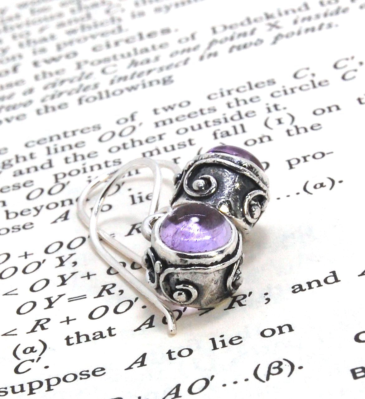 Round Swirled Dangle Silver Earrings -9mm - Moonstone, Blue Chalcedony, Amethyst, Rose Quartz, Garnet, or Rainbow Moonstone These are a part of my new work, cast in my studio using the ancient technique of lost wax, molded from an original granulated piec