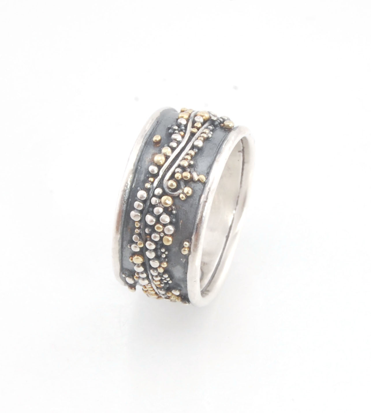 Cosmic Waves 18k and Fine Silver Granulation Ring - 7mm or 11mm wide