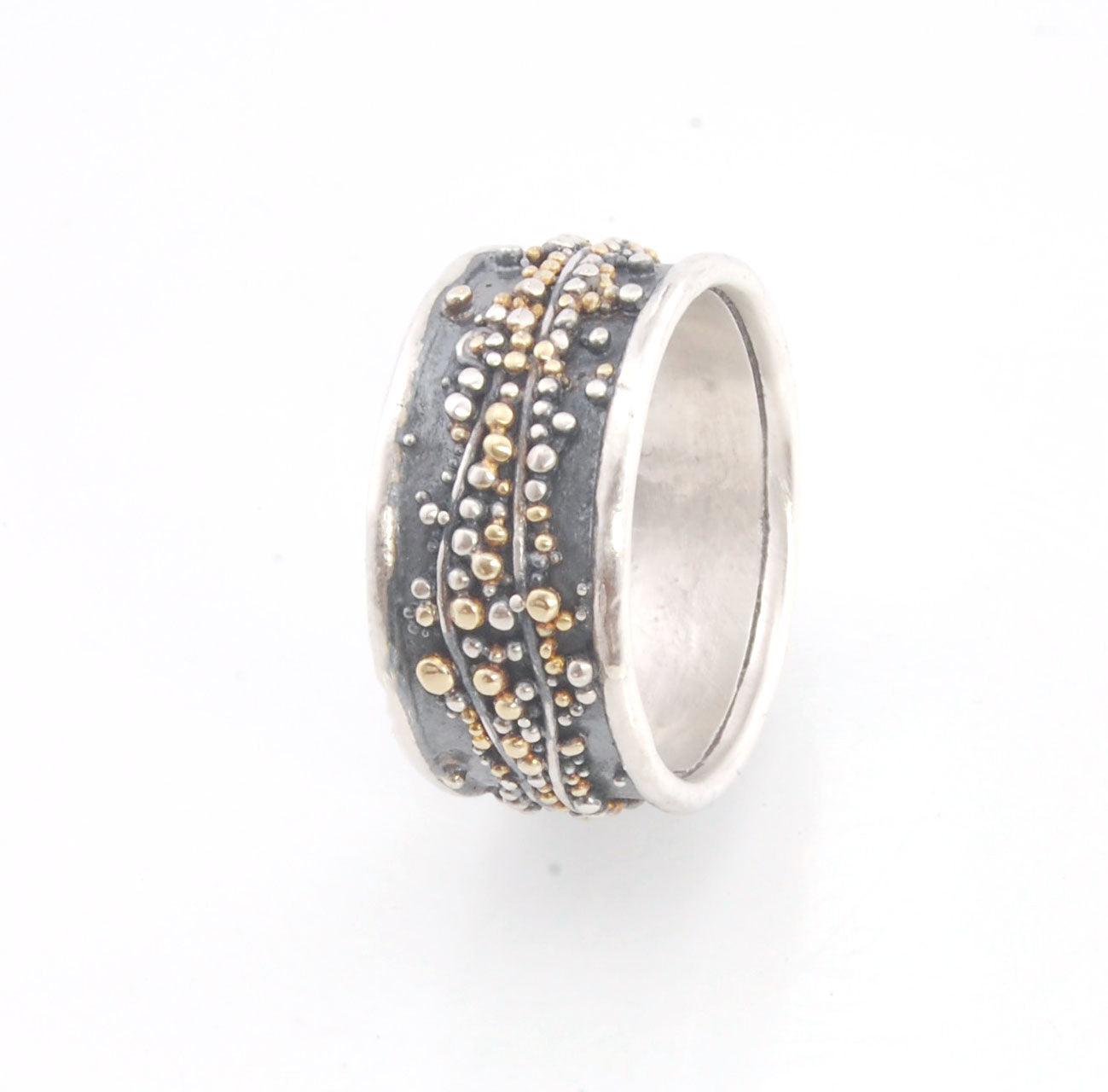 Cosmic Waves 18k and Fine Silver Granulation Ring - 7mm or 11mm wide