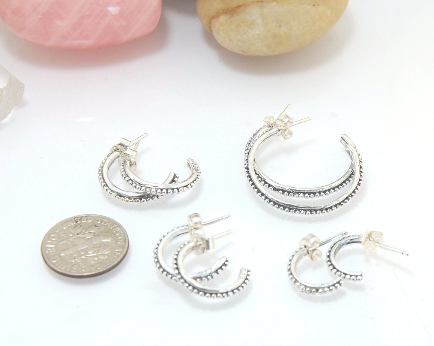 Etruscan Hoop Posts - Small in Sterling Silver and 14k gold These are my second smallest Etruscan Hoops as a post earring! Smaller than a dime - these post hoops hug your earlobe. So freakin’ cute! I like to wear them in my second piercing up. But y'all d