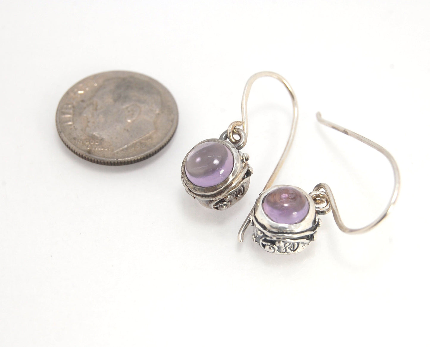 Round Swirled Dangle Silver Earrings -9mm - Moonstone, Blue Chalcedony, Amethyst, Rose Quartz, Garnet, or Rainbow Moonstone These are a part of my new work, cast in my studio using the ancient technique of lost wax, molded from an original granulated piec
