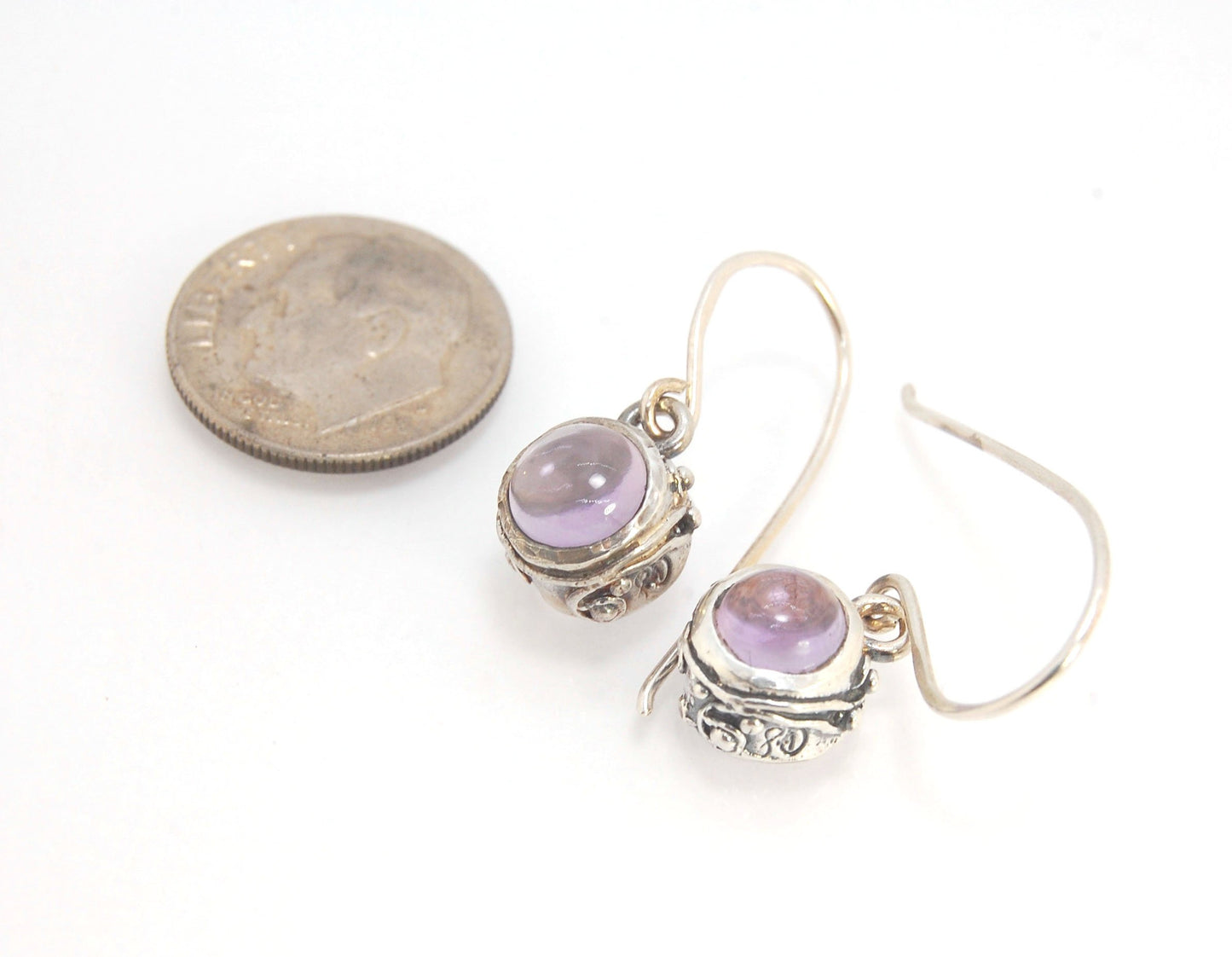 Round Swirled Dangle Silver Earrings -9mm - Moonstone, Blue Chalcedony, Amethyst, Rose Quartz, Garnet, or Rainbow Moonstone These are a part of my new work, cast in my studio using the ancient technique of lost wax, molded from an original granulated piec