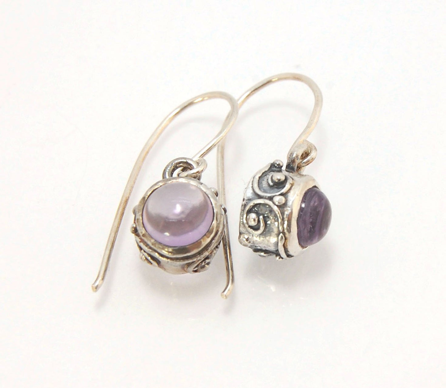 Round Swirled Dangle Silver Earrings -9mm - Moonstone, Blue Chalcedony, Amethyst, Rose Quartz, Garnet, or Rainbow Moonstone These are a part of my new work, cast in my studio using the ancient technique of lost wax, molded from an original granulated piec