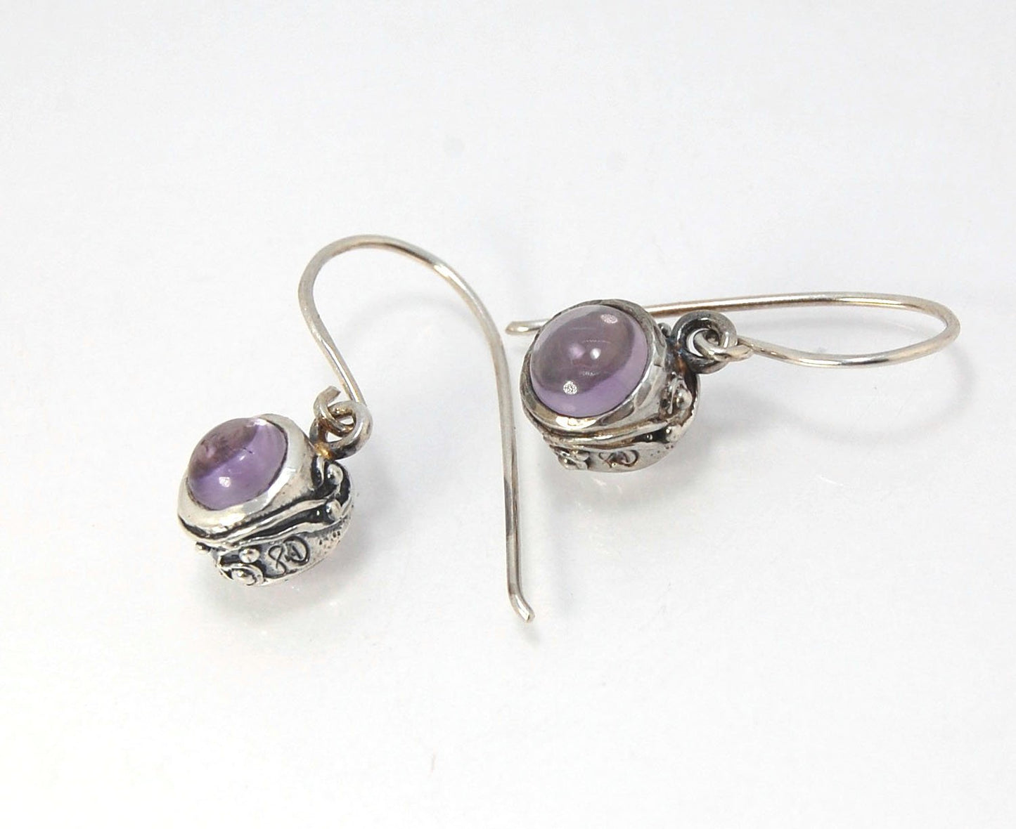 Round Swirled Dangle Silver Earrings -9mm - Moonstone, Blue Chalcedony, Amethyst, Rose Quartz, Garnet, or Rainbow Moonstone These are a part of my new work, cast in my studio using the ancient technique of lost wax, molded from an original granulated piec