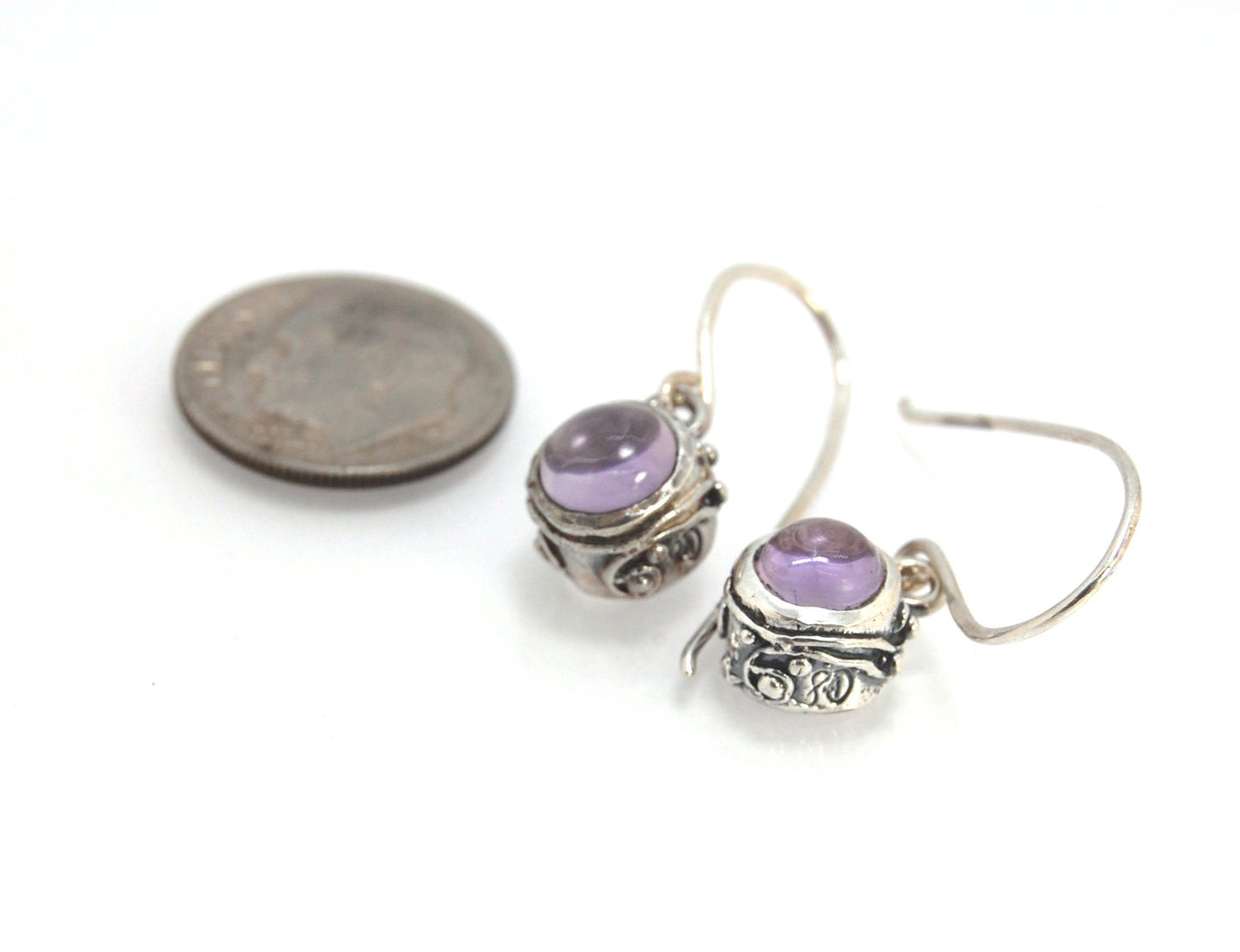 Round Swirled Dangle Silver Earrings -9mm - Moonstone, Blue Chalcedony, Amethyst, Rose Quartz, Garnet, or Rainbow Moonstone These are a part of my new work, cast in my studio using the ancient technique of lost wax, molded from an original granulated piec