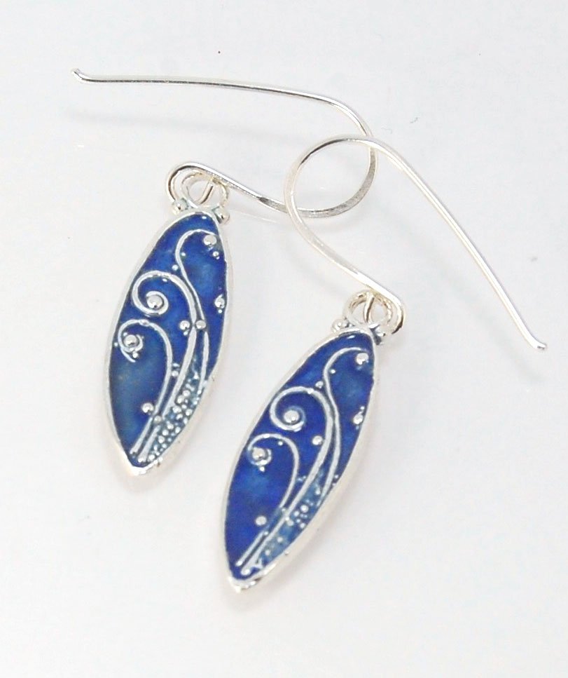 Enameled Sterling Fern Earrings -Oval -Large - Choice of 8 colors These are my longest fern ovals and they can be enameled in 8 colors for you! Prussian Blue, Icy Blue, Turquoise, Oil Gray, Forest Green, Jade Green, Sage Green or Periwinkle BlueGreen.Thes