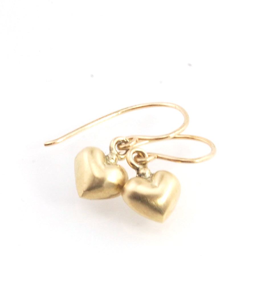 Puffy Heart Dangles in 14k Yellow Gold or Sterling Silver - Large and Small