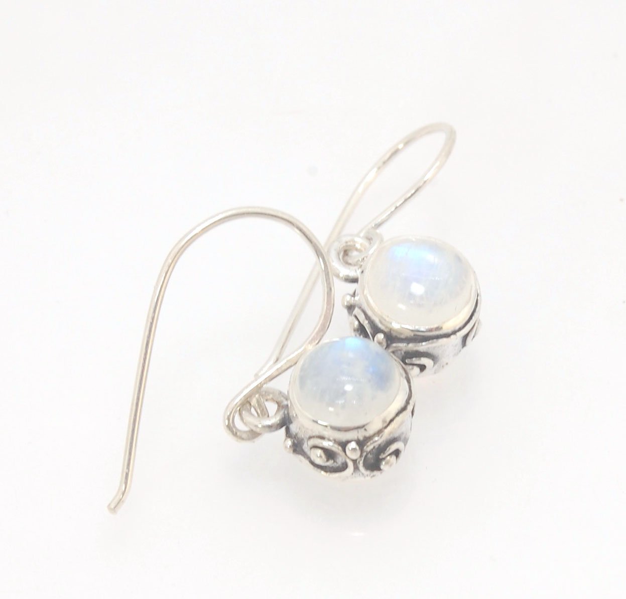 Round Swirled Dangle Silver Earrings -9mm - Moonstone, Blue Chalcedony, Amethyst, Rose Quartz, Garnet, or Rainbow Moonstone These are a part of my new work, cast in my studio using the ancient technique of lost wax, molded from an original granulated piec