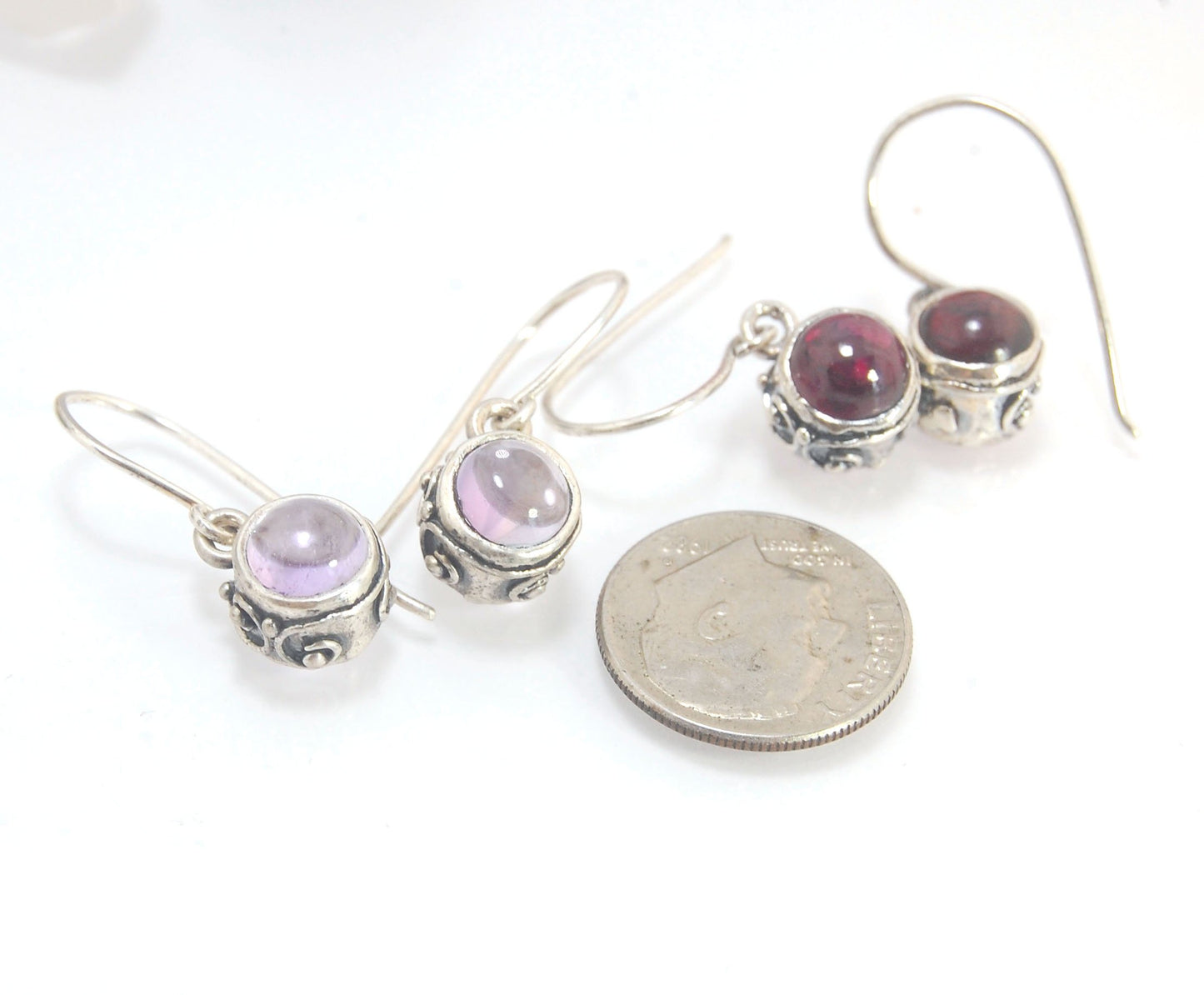 Round Swirled Dangle Silver Earrings -9mm - Moonstone, Blue Chalcedony, Amethyst, Rose Quartz, Garnet, or Rainbow Moonstone These are a part of my new work, cast in my studio using the ancient technique of lost wax, molded from an original granulated piec