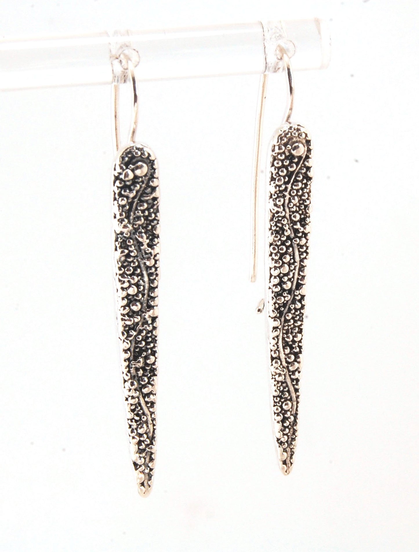 Seaweed Pattern Long Dagger French Hook Earrings with safety clasp Look at that sparkle! These seaweed dagger dangle earrings are long, elegant points of silver filled with a granulation pattern I call Seaweed, as it looks like it has so much movement in