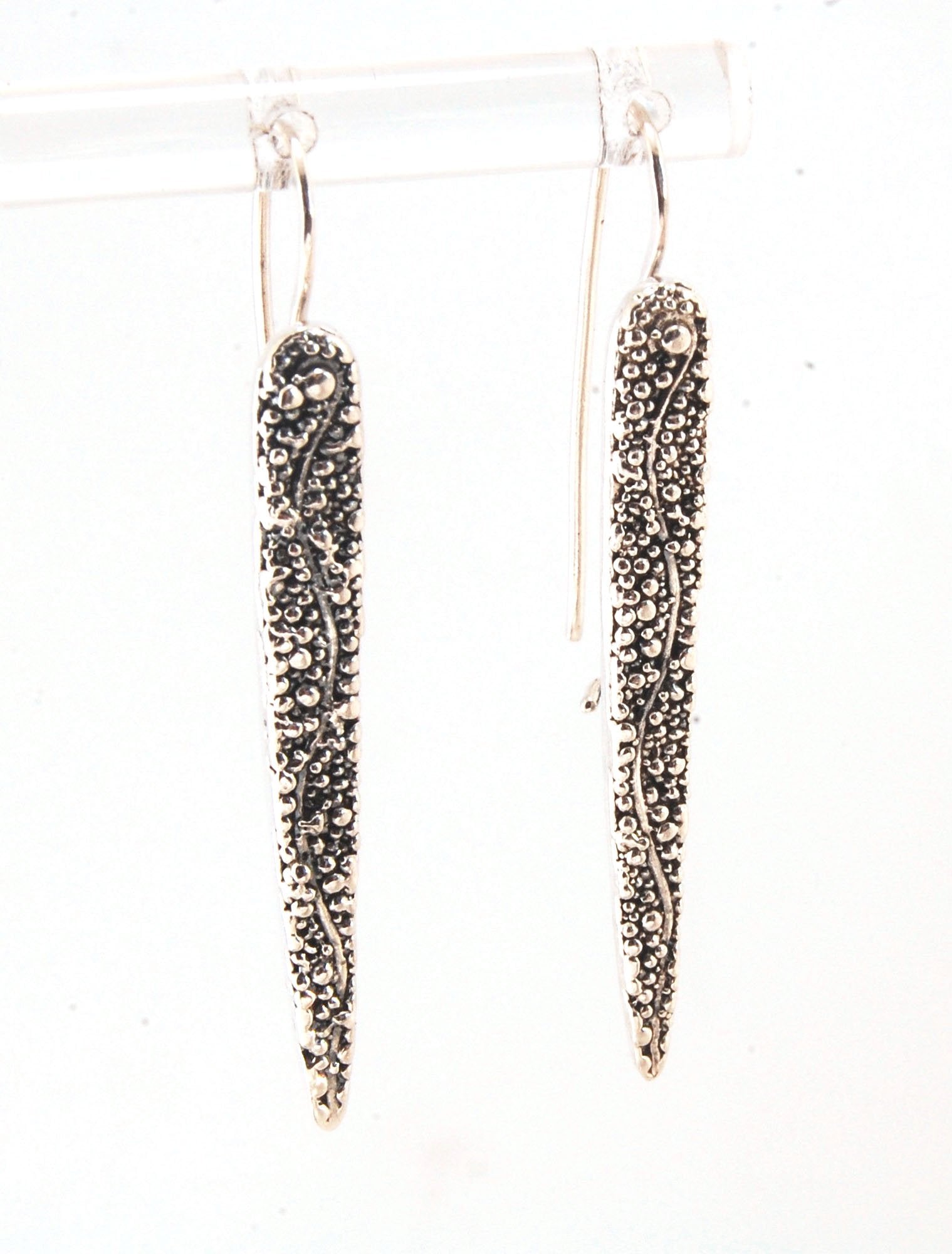 Seaweed Pattern Long Dagger French Hook Earrings with safety clasp Look at that sparkle! These seaweed dagger dangle earrings are long, elegant points of silver filled with a granulation pattern I call Seaweed, as it looks like it has so much movement in