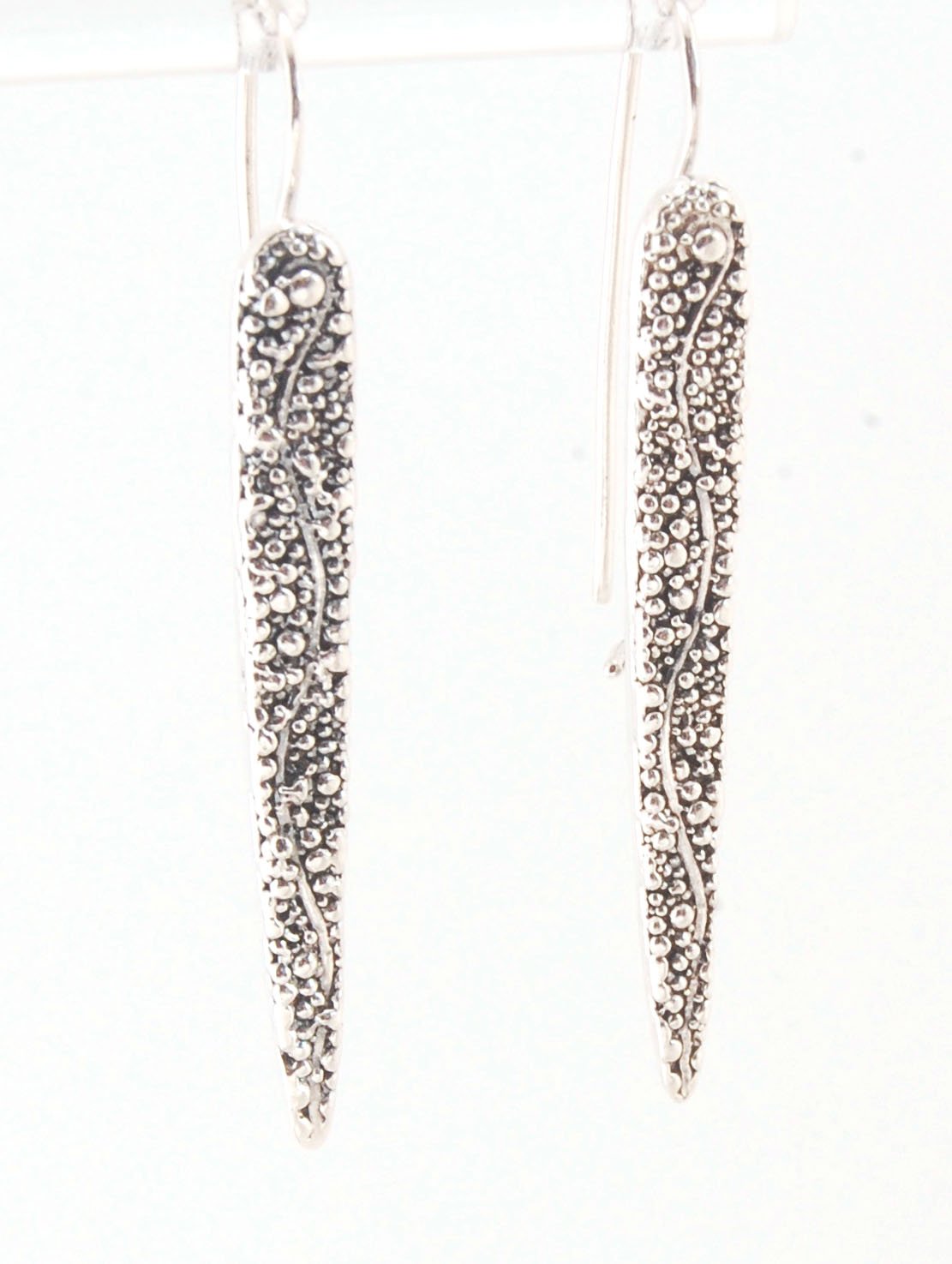 Seaweed Pattern Long Dagger French Hook Earrings with safety clasp Look at that sparkle! These seaweed dagger dangle earrings are long, elegant points of silver filled with a granulation pattern I call Seaweed, as it looks like it has so much movement in