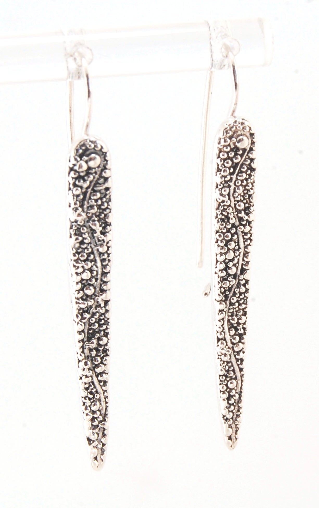 Seaweed Pattern Long Dagger French Hook Earrings with safety clasp Look at that sparkle! These seaweed dagger dangle earrings are long, elegant points of silver filled with a granulation pattern I call Seaweed, as it looks like it has so much movement in