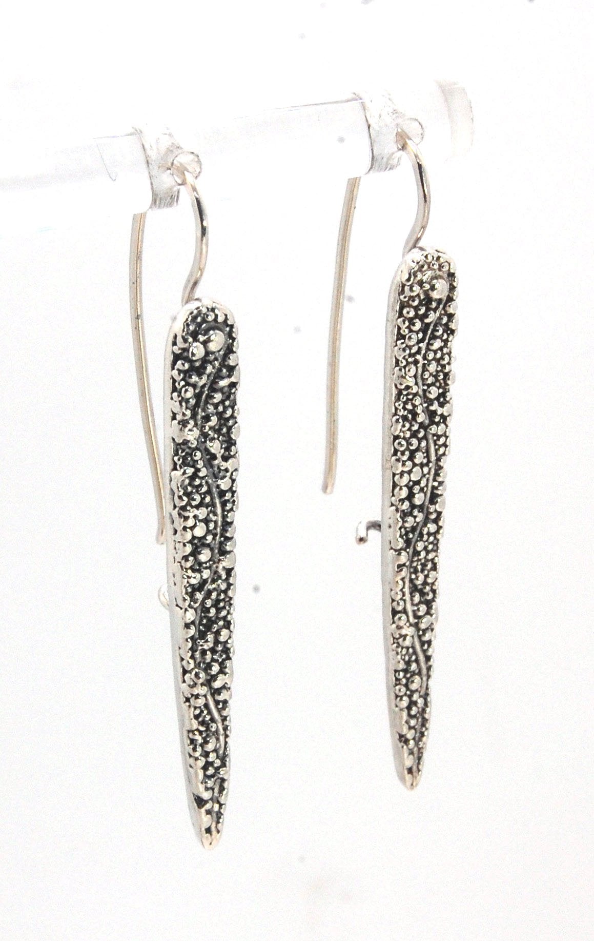 Seaweed Pattern Long Dagger French Hook Earrings with safety clasp Look at that sparkle! These seaweed dagger dangle earrings are long, elegant points of silver filled with a granulation pattern I call Seaweed, as it looks like it has so much movement in