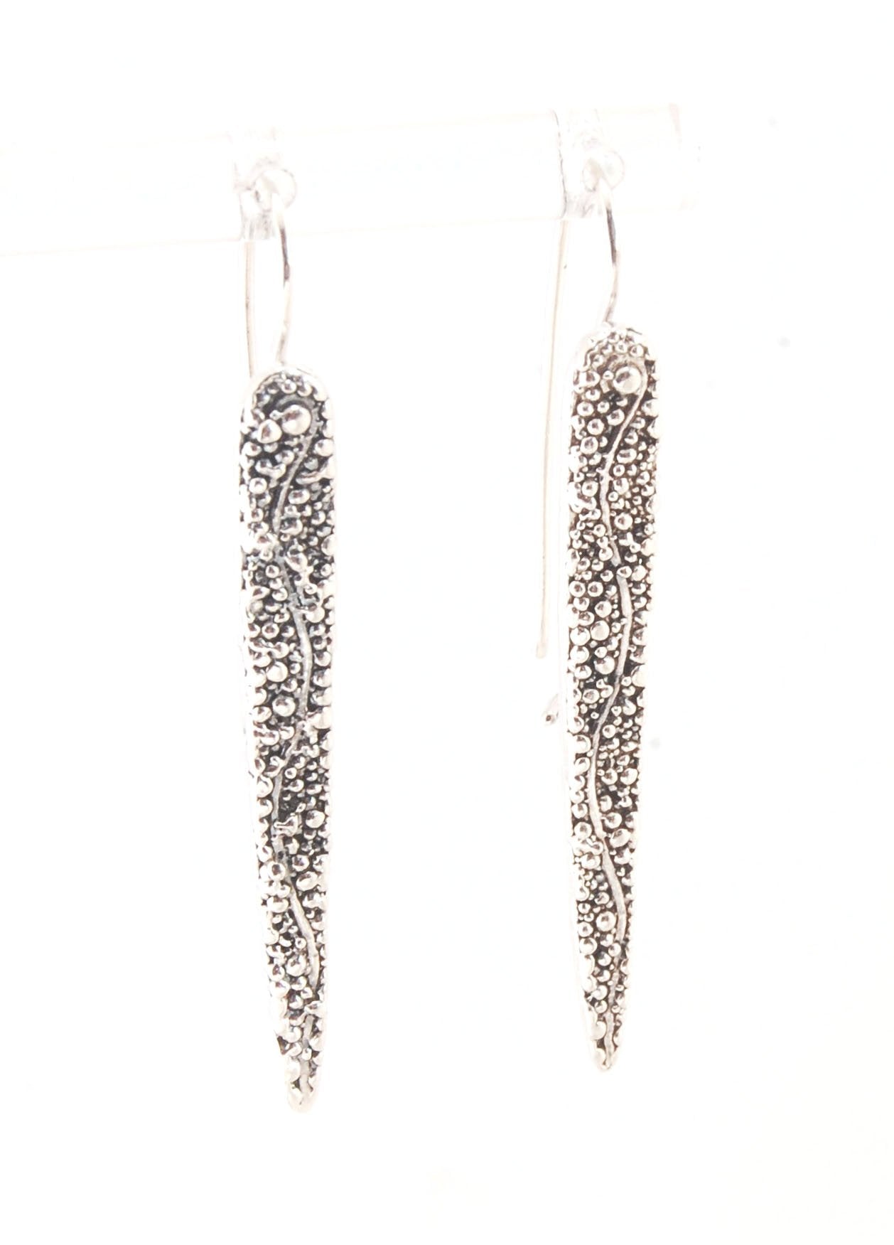 Seaweed Pattern Long Dagger French Hook Earrings with safety clasp Look at that sparkle! These seaweed dagger dangle earrings are long, elegant points of silver filled with a granulation pattern I call Seaweed, as it looks like it has so much movement in