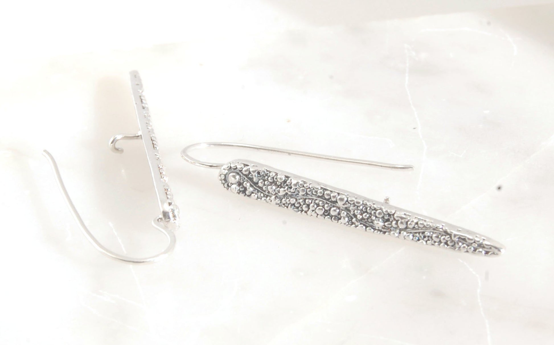 Seaweed Pattern Long Dagger French Hook Earrings with safety clasp Look at that sparkle! These seaweed dagger dangle earrings are long, elegant points of silver filled with a granulation pattern I call Seaweed, as it looks like it has so much movement in