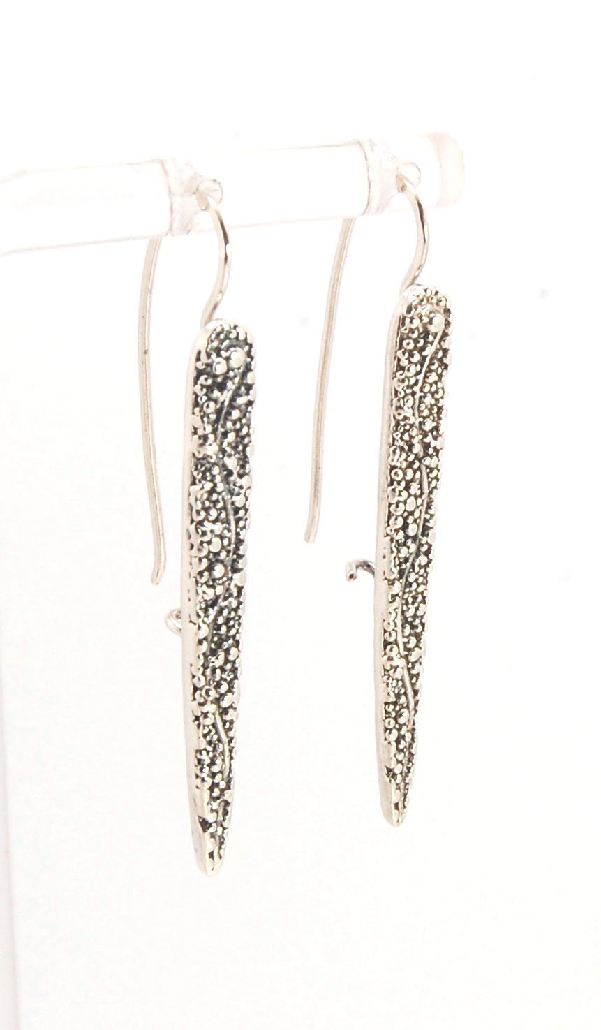 Seaweed Pattern Long Dagger French Hook Earrings with safety clasp Look at that sparkle! These seaweed dagger dangle earrings are long, elegant points of silver filled with a granulation pattern I call Seaweed, as it looks like it has so much movement in