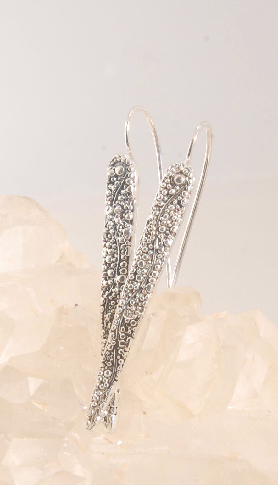 Seaweed Pattern Long Dagger French Hook Earrings with safety clasp Look at that sparkle! These seaweed dagger dangle earrings are long, elegant points of silver filled with a granulation pattern I call Seaweed, as it looks like it has so much movement in