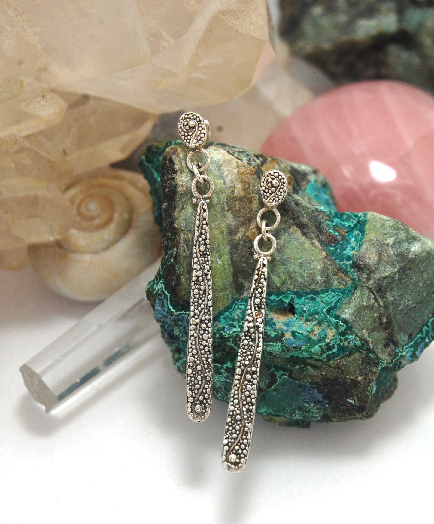 Seaweed Long Dangle Post Earrings These seaweed Post dangle earrings are cast versions of my original granulation work. Once the original work is made using the ancient technique of granulation, it is then molded for repeat waxes and then cast using the L