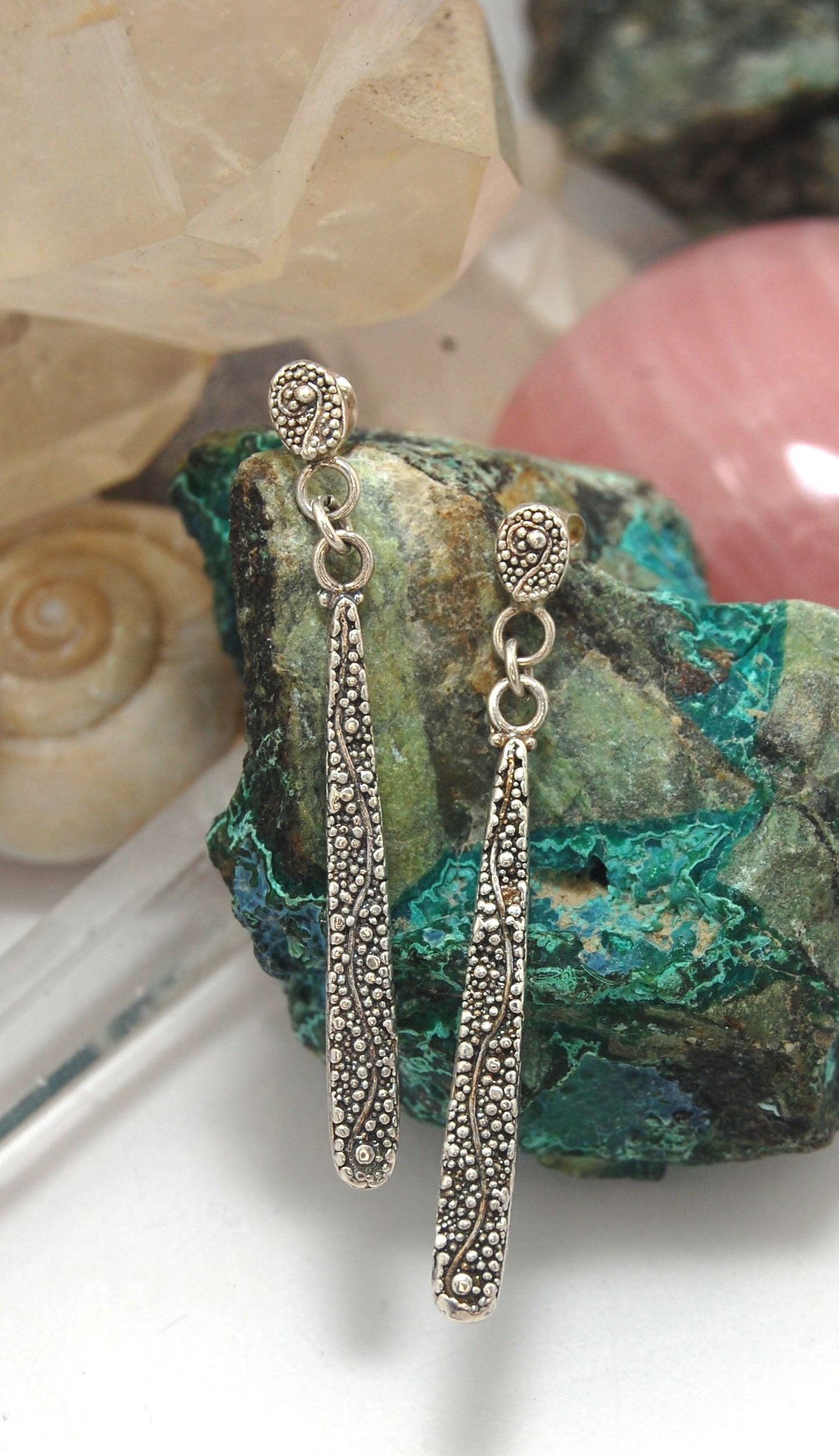 Seaweed Long Dangle Post Earrings These seaweed Post dangle earrings are cast versions of my original granulation work. Once the original work is made using the ancient technique of granulation, it is then molded for repeat waxes and then cast using the L
