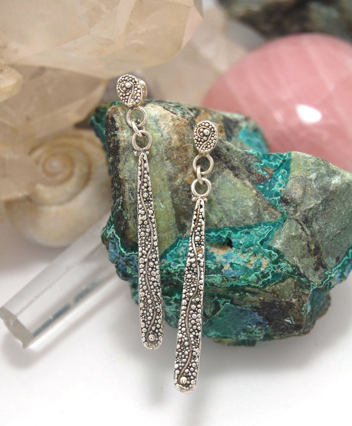 Seaweed Long Dangle Post Earrings These seaweed Post dangle earrings are cast versions of my original granulation work. Once the original work is made using the ancient technique of granulation, it is then molded for repeat waxes and then cast using the L