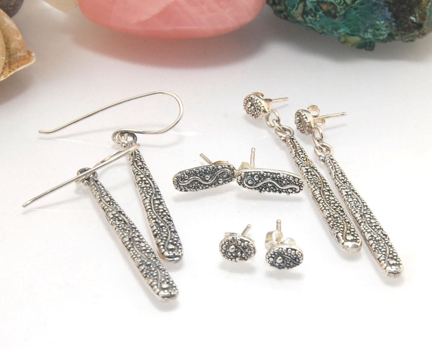 Seaweed Long Dangle Post Earrings These seaweed Post dangle earrings are cast versions of my original granulation work. Once the original work is made using the ancient technique of granulation, it is then molded for repeat waxes and then cast using the L