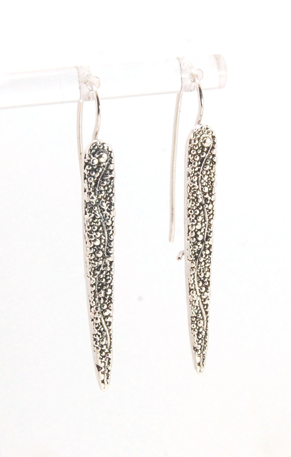 Seaweed Pattern Long Dagger French Hook Earrings with safety clasp Look at that sparkle! These seaweed dagger dangle earrings are long, elegant points of silver filled with a granulation pattern I call Seaweed, as it looks like it has so much movement in