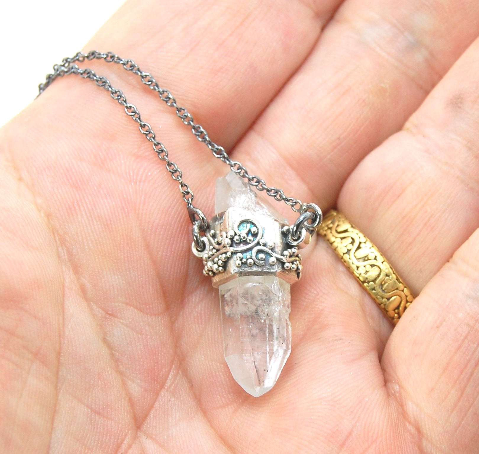 Slant Top Lemurian Quartz Crystal Necklace with Fine Silver granulated girdle I love making these crystal pendants. The silver girdle is hand shaped in fine silver to fit this specific crystal and then is granulated with fine silver wires and granules. Gr
