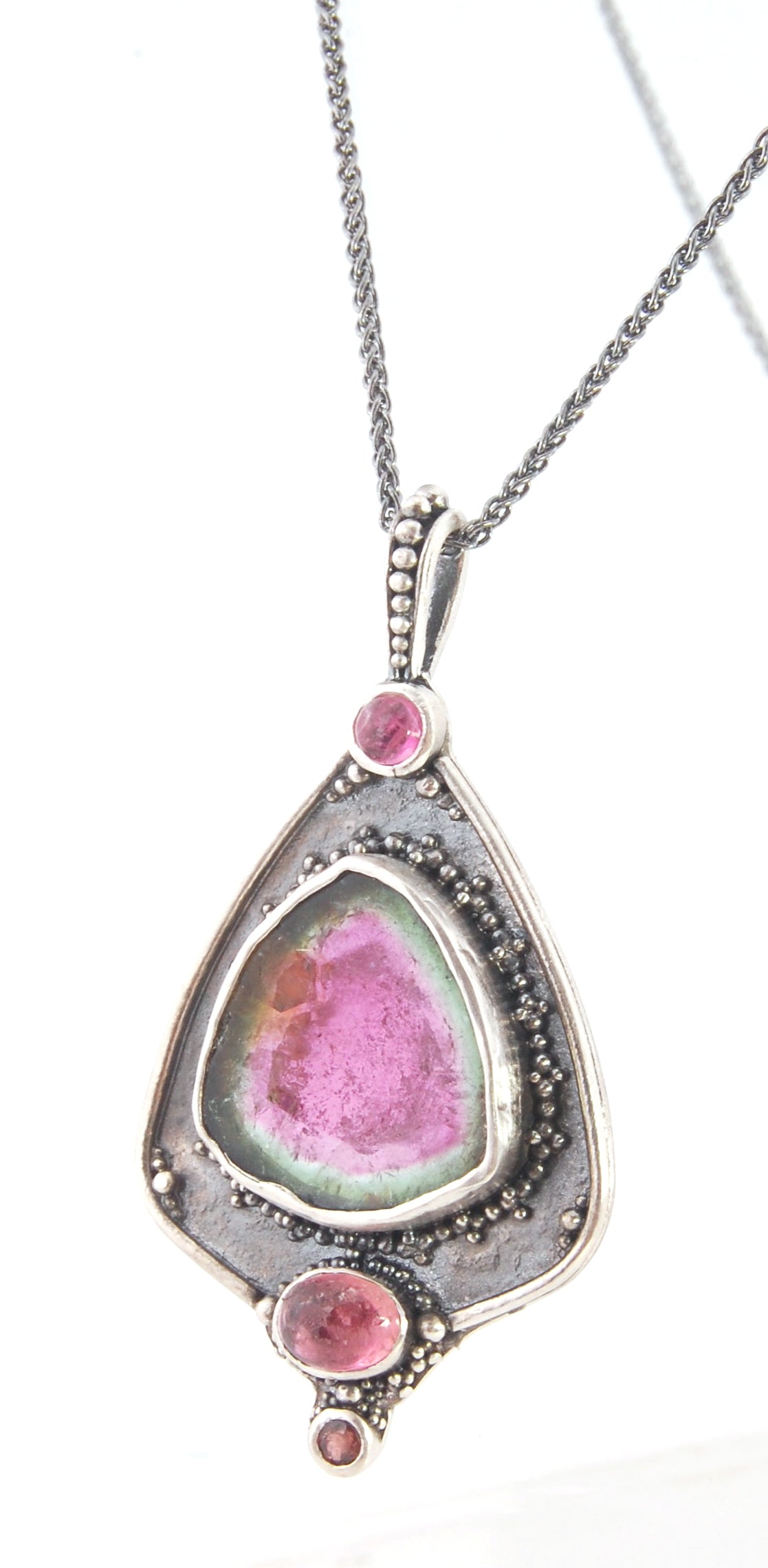 Watermelon Tourmaline Slice and Pink Tourmaline Shield Pendant
