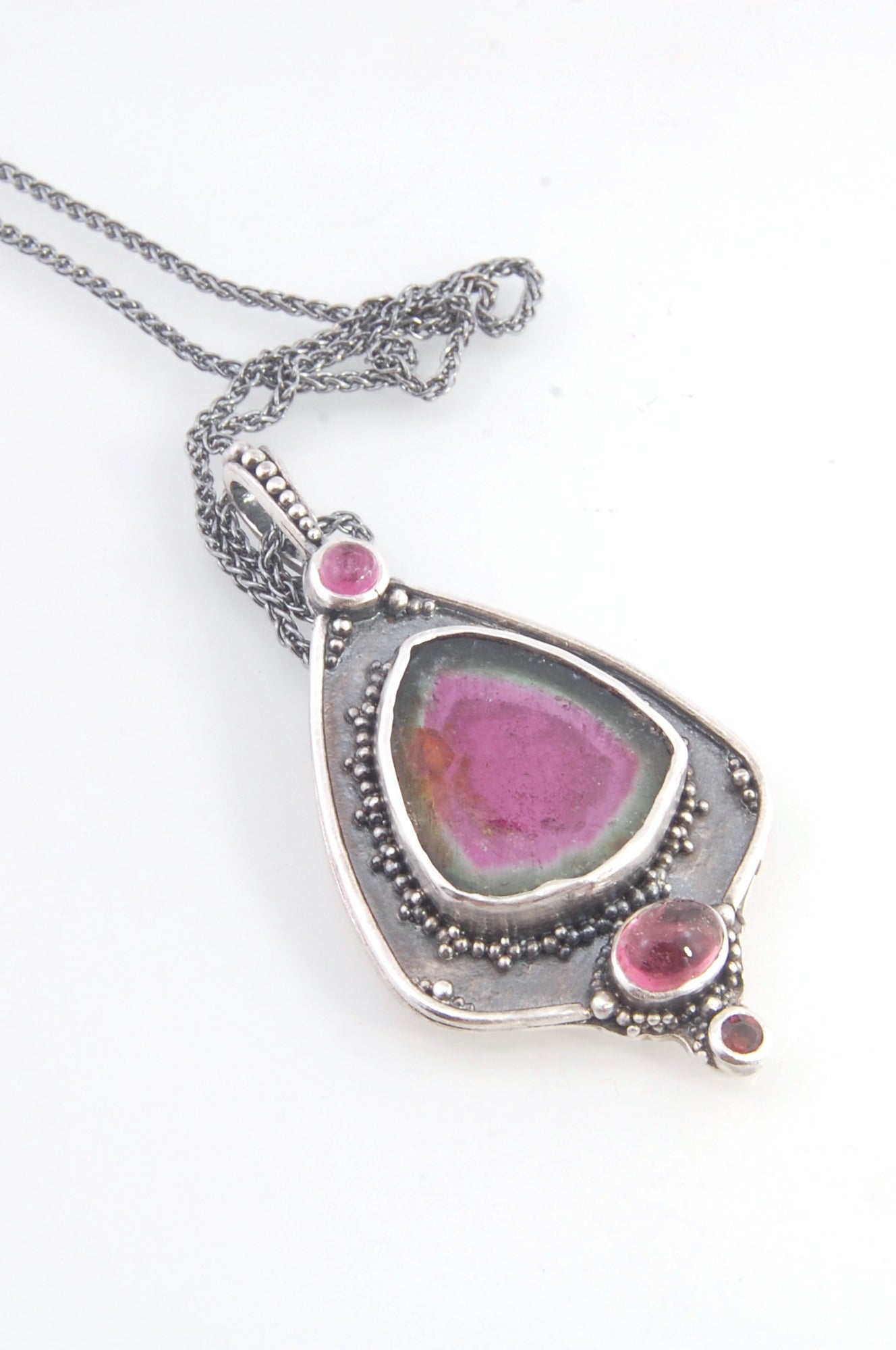 Watermelon Tourmaline Slice and Pink Tourmaline Shield Pendant