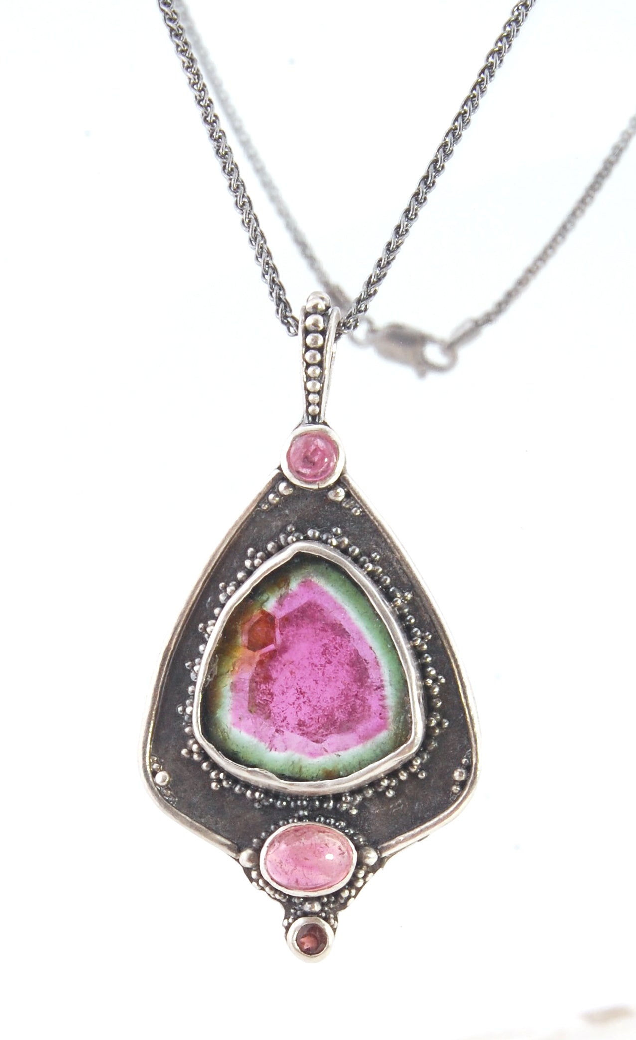Watermelon Tourmaline Slice and Pink Tourmaline Shield Pendant