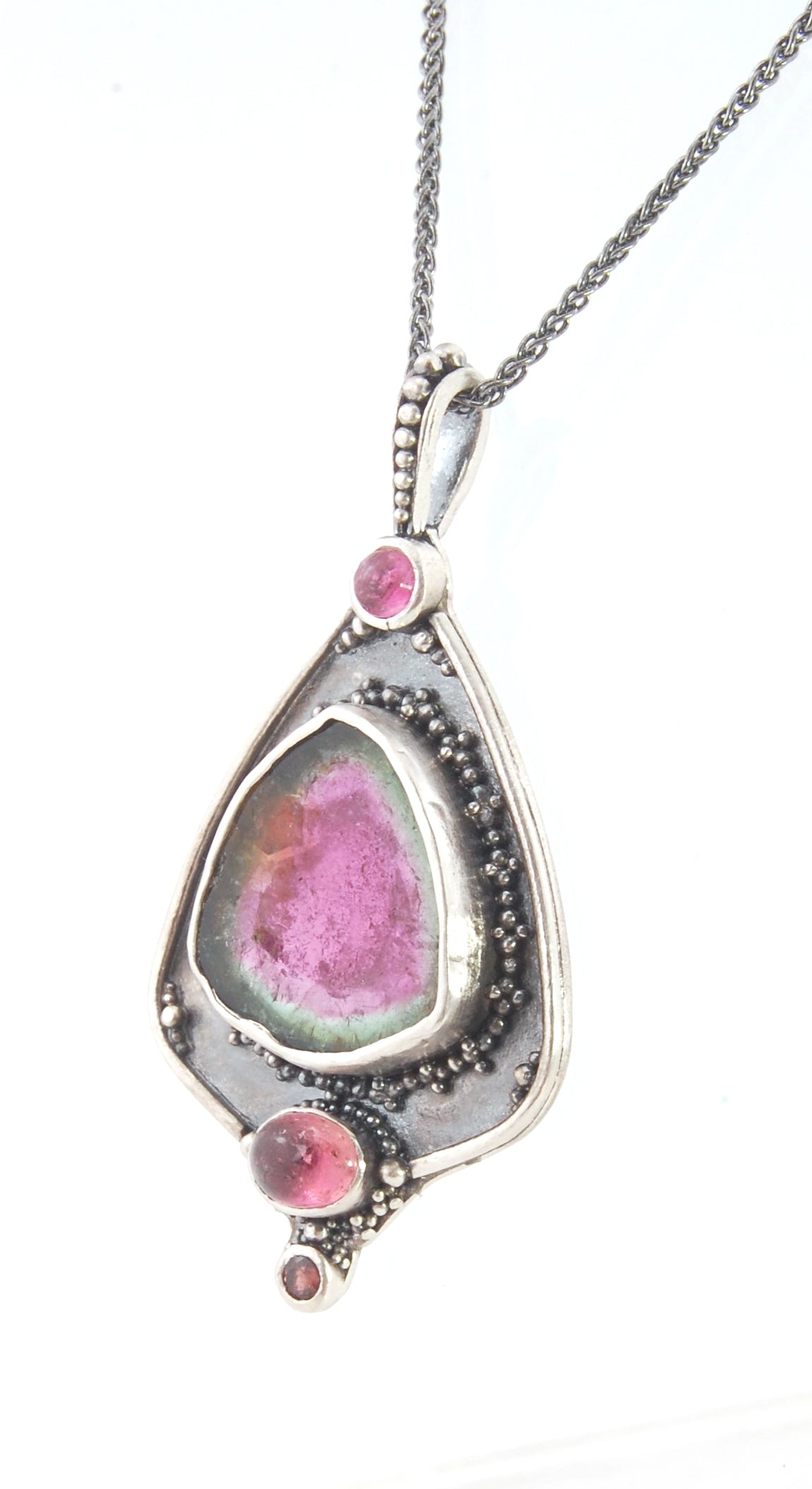 Watermelon Tourmaline Slice and Pink Tourmaline Shield Pendant