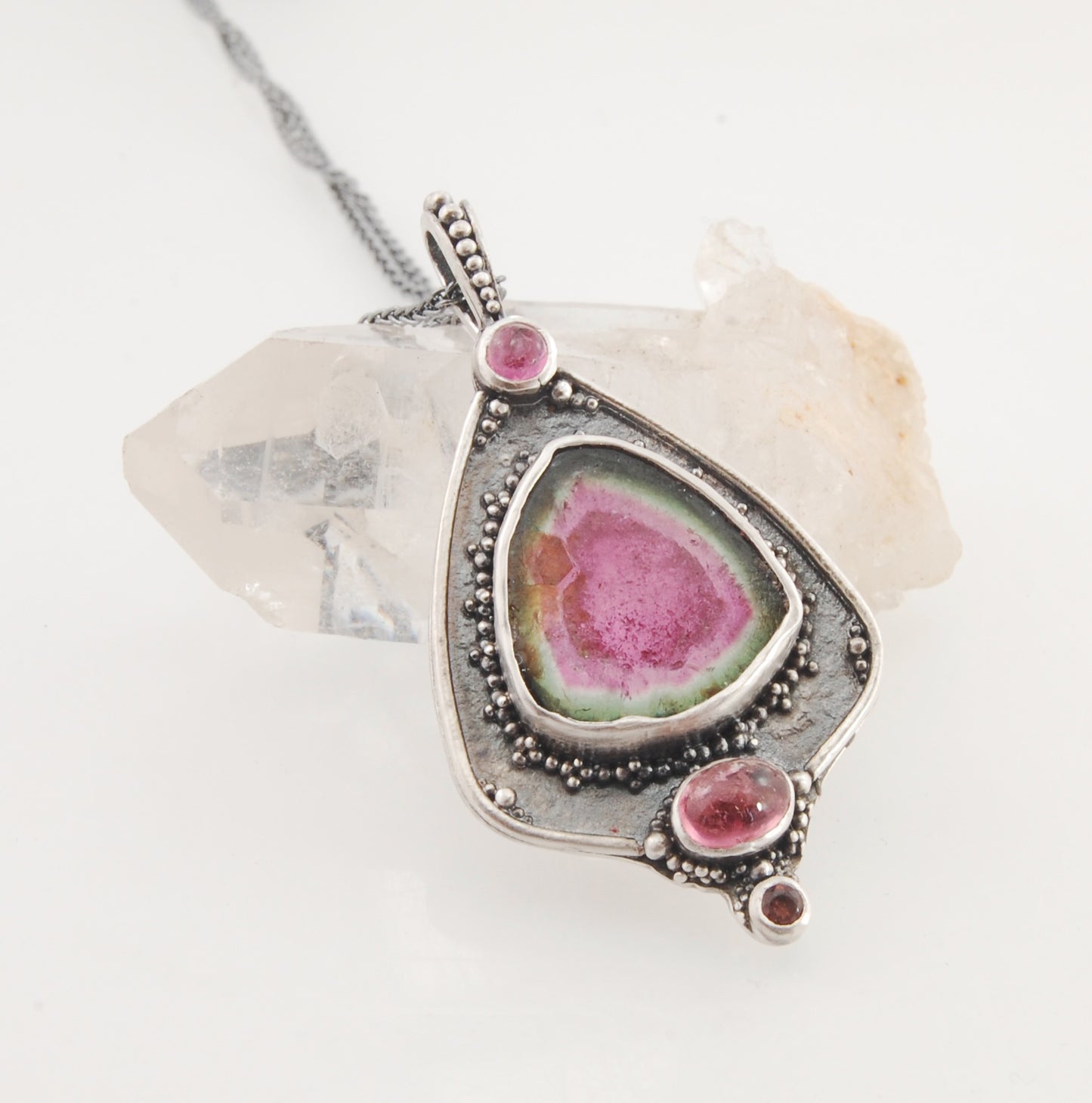 Watermelon Tourmaline Slice and Pink Tourmaline Shield Pendant