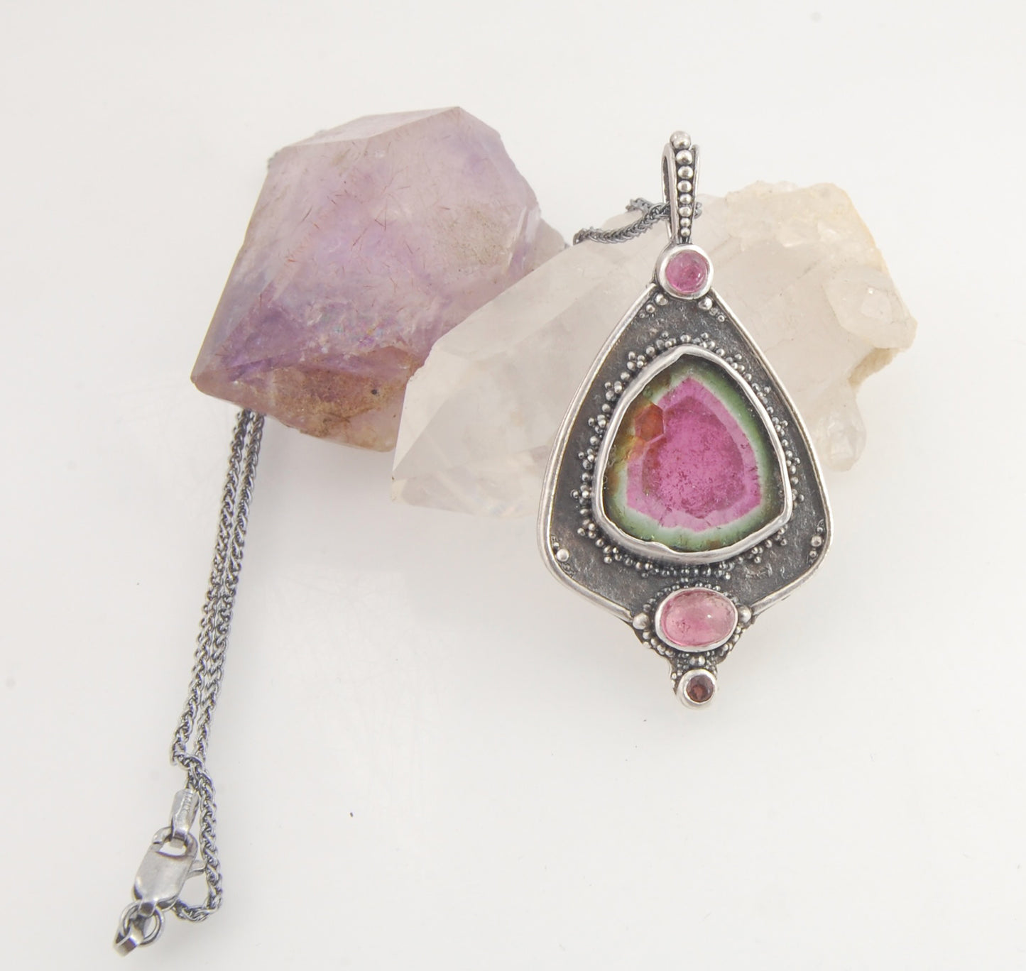 Watermelon Tourmaline Slice and Pink Tourmaline Shield Pendant