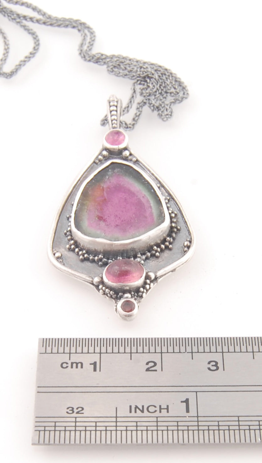 Watermelon Tourmaline Slice and Pink Tourmaline Shield Pendant