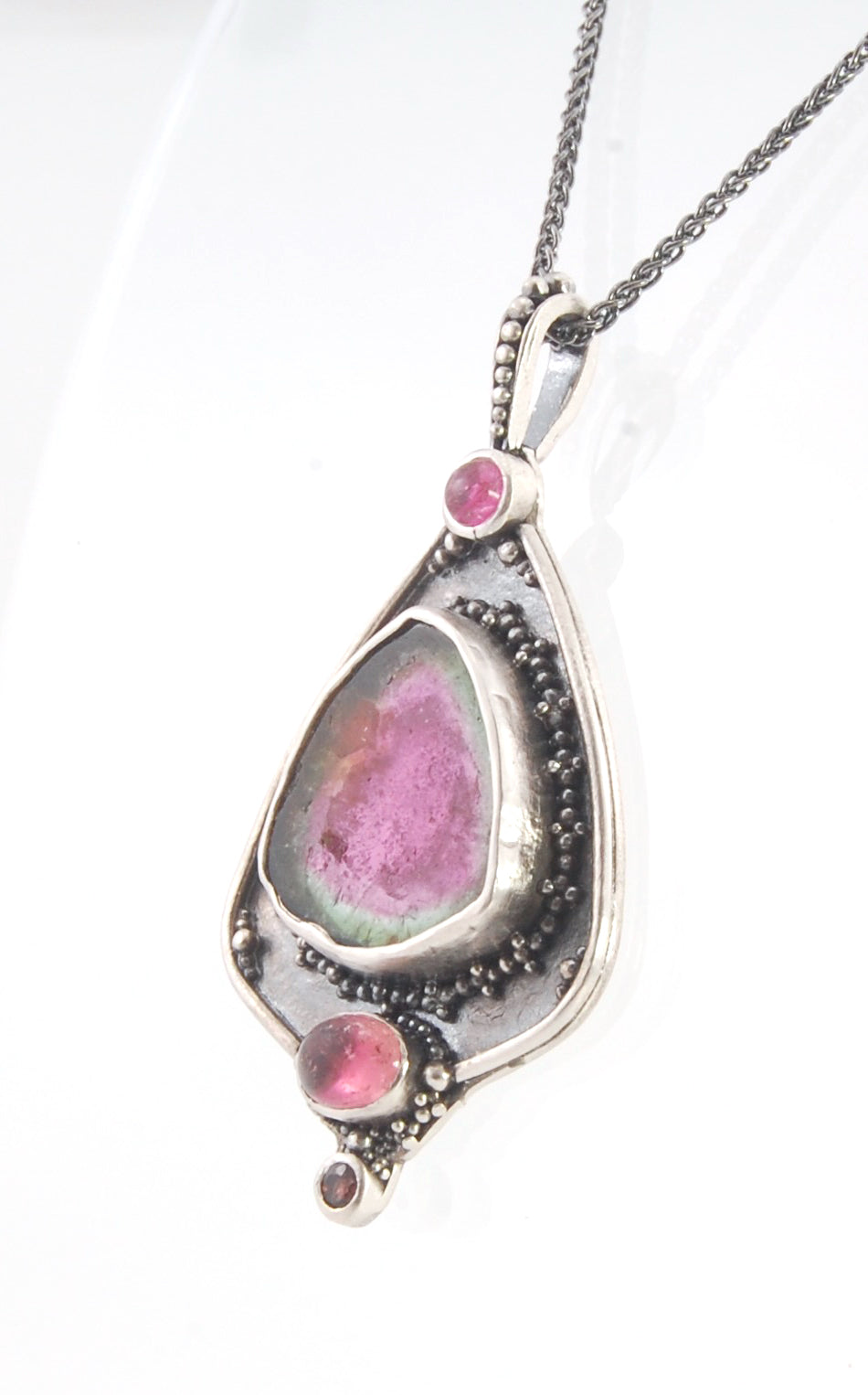 Watermelon Tourmaline Slice and Pink Tourmaline Shield Pendant