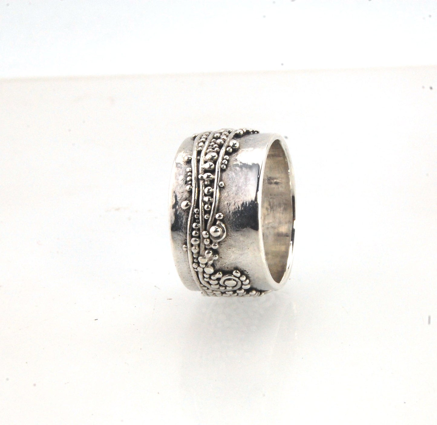 Waves with Sea Foam Fine Silver Granulated Ring -11 mm or 8mm