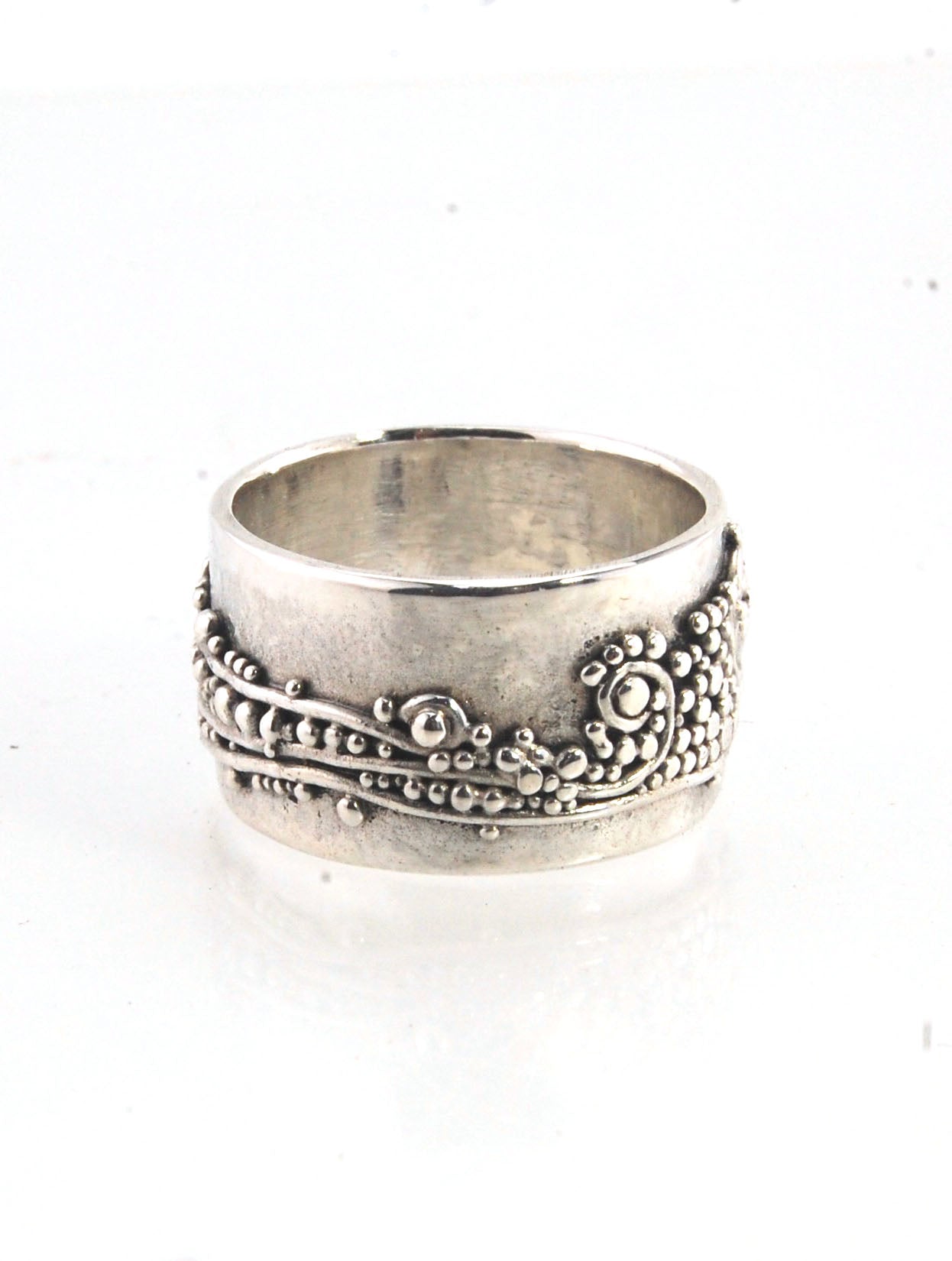 Waves with Sea Foam Fine Silver Granulated Ring -11 mm or 8mm