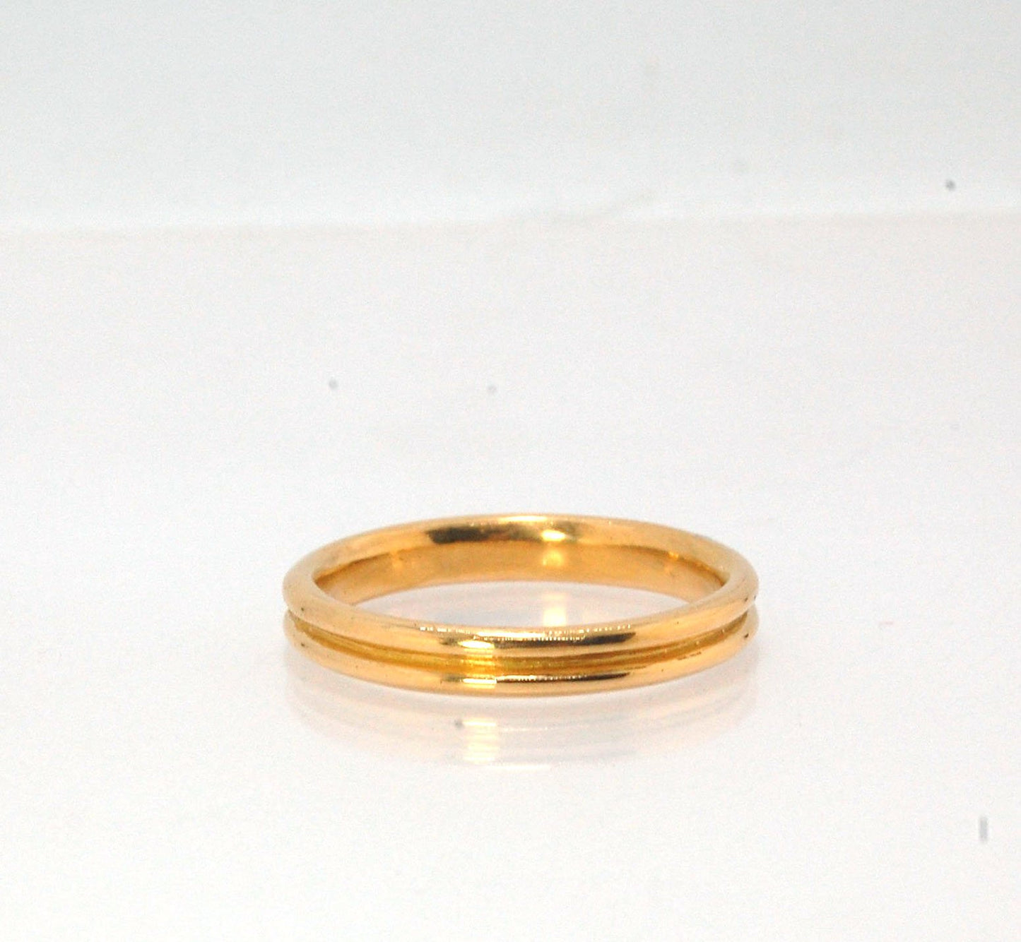 2 Rim 3.3mm Wide Band - Sterling silver, 14k or 18k yellow gold This is a narrow, 3.3mm, 2 rim band cast from a wax carving turned on a lathe. These are so much fun to make and I have several variations of different rims and widths available. I then take